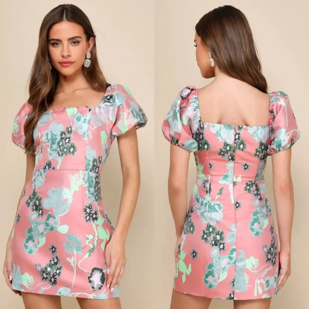 Lulus So Stunning Coral Pink Floral Jacquard Puff Sleeve Mini Dress L Wedding